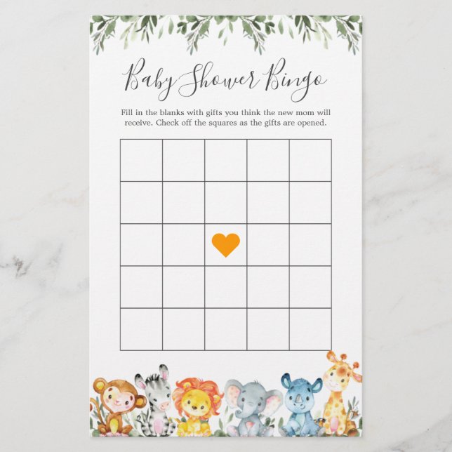 Jungle Animaux Baby shower Bingo Jeu (Devant)