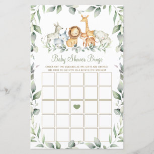 Jungle Animaux Baby shower de verdure Bingo Jeu