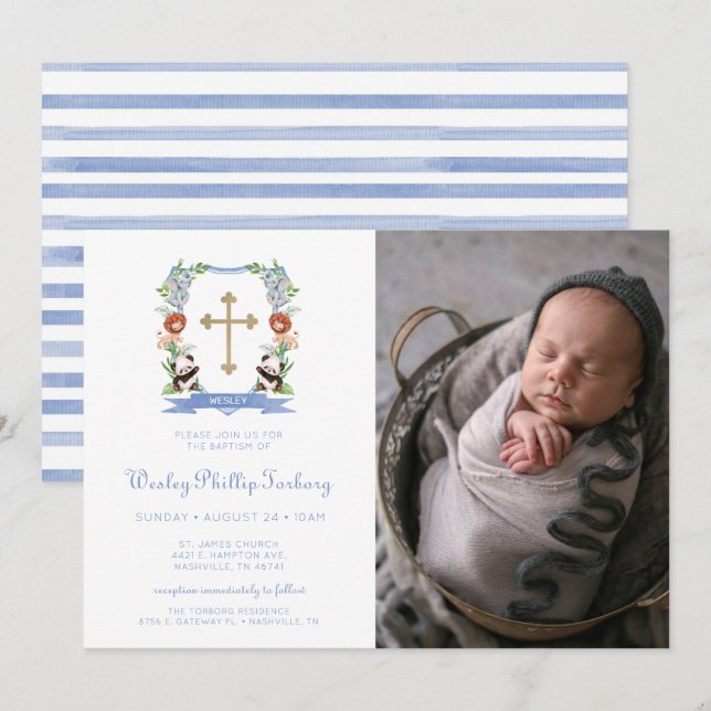 Jungle Animaux Crest Photo Baptême Invitation (Devant / Derrière)