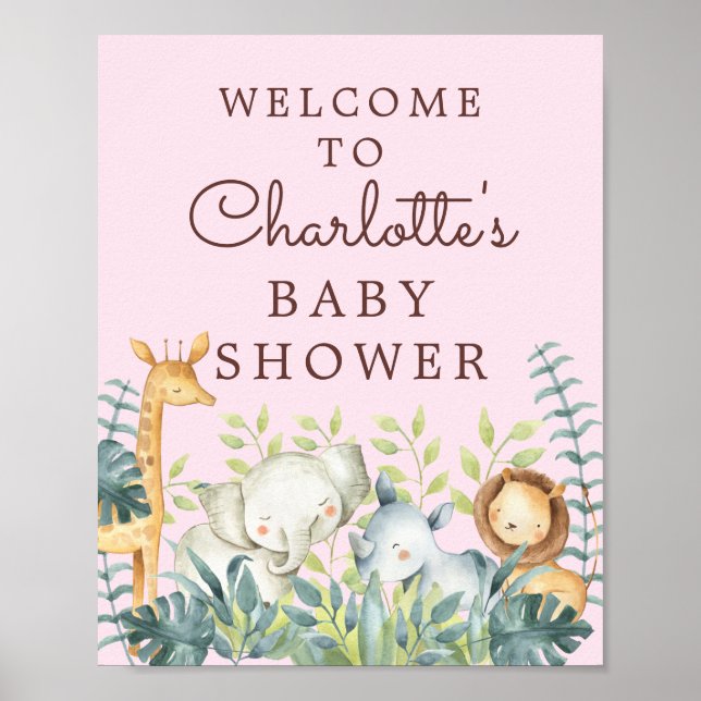 Jungle Animaux Filles Baby shower Affiche de bienv (Devant)