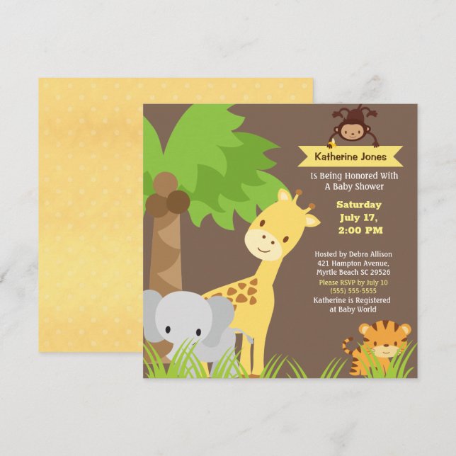Jungle Animaux Safari Baby shower Invitation (Devant / Derrière)