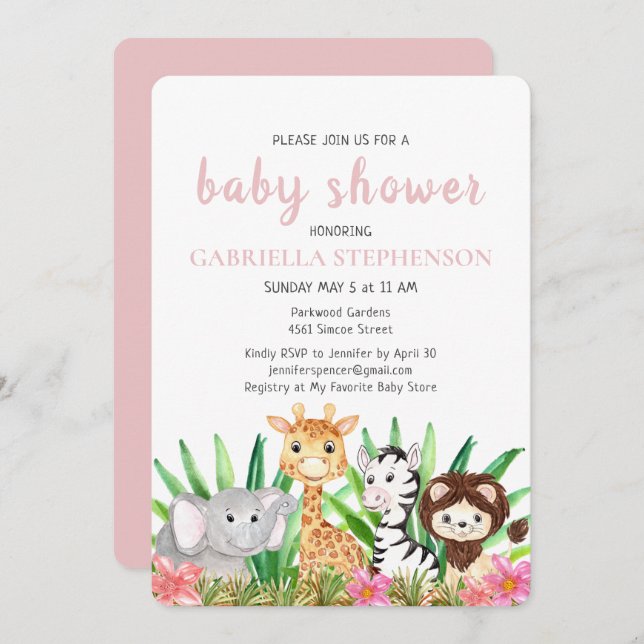 Jungle Animaux Safari Baby shower rose Invitation (Devant / Derrière)