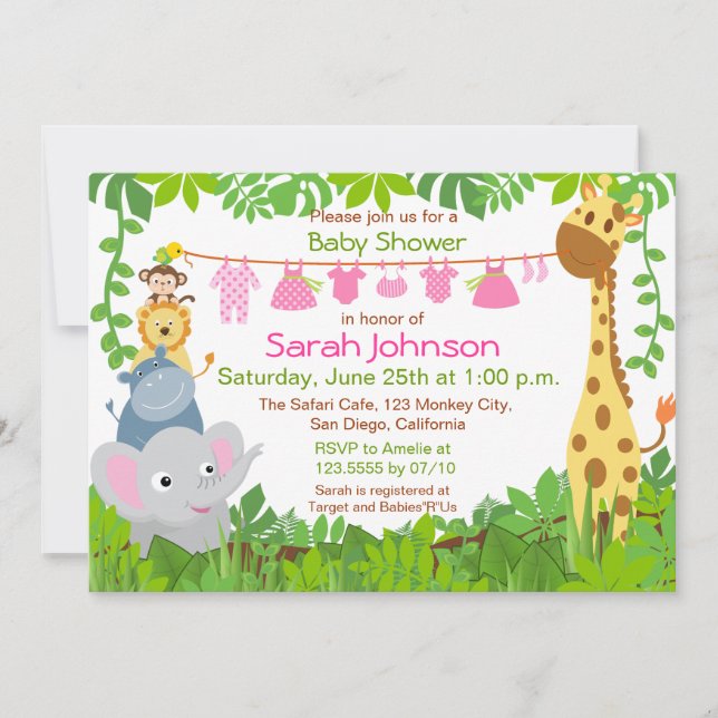 Jungle Animaux Safari Girl Baby shower Invitation (Devant)