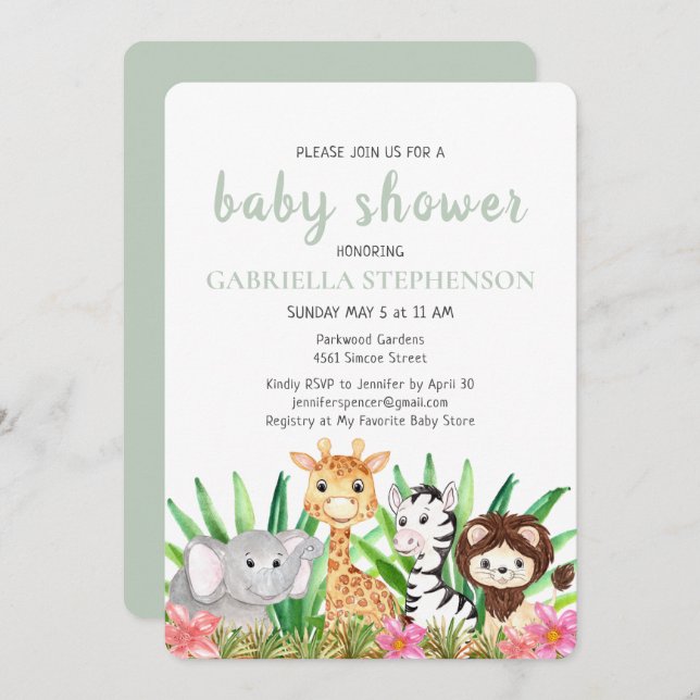 Jungle Animaux Safari Green Baby shower Invitation (Devant / Derrière)