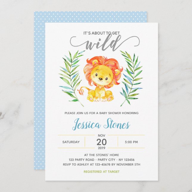 Jungle Baby Boy Shower Invitations (Lion) (Devant / Derrière)