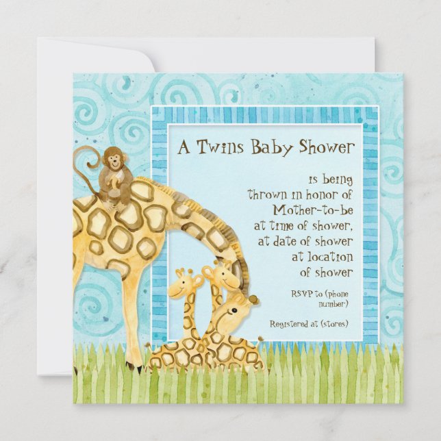Jungle Baby Giraffe Baby Twins Douche Invitation (Devant)