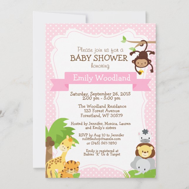 Jungle Baby shower invitation rose (Devant)