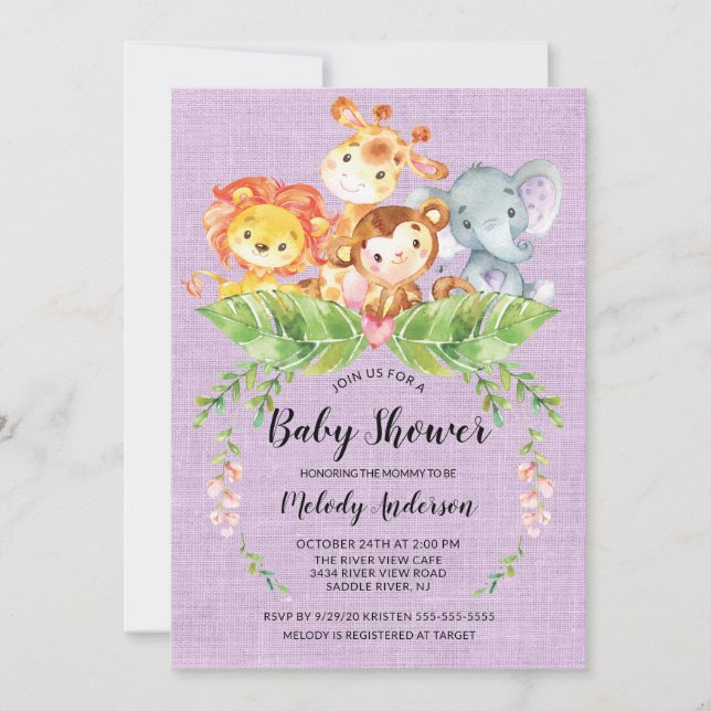 Jungle Bébé Animaux Filles Baby shower Invitation (Devant)