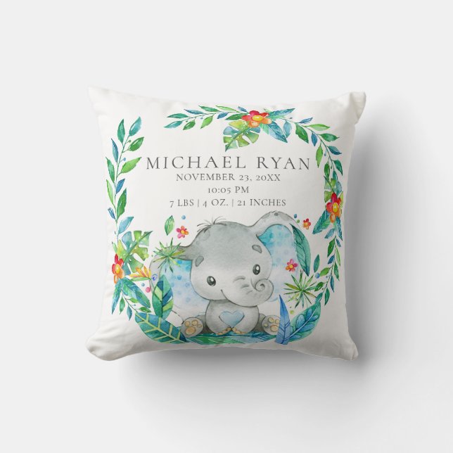 Jungle Elephant Baby Birth Statistiques Coussin (Recto)