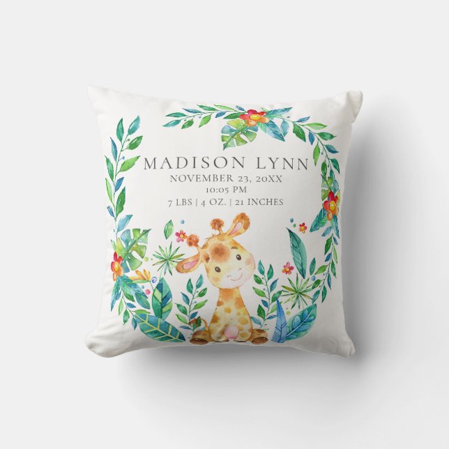 Jungle Giraffe Baby Birth Statistiques Coussin (Recto)