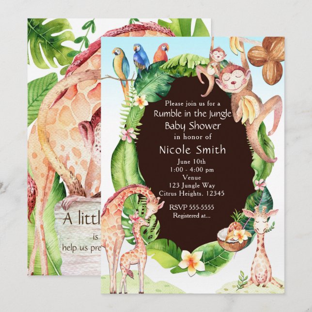 Jungle Monkey & Giraffe Baby Shower Invitations (Devant / Derrière)