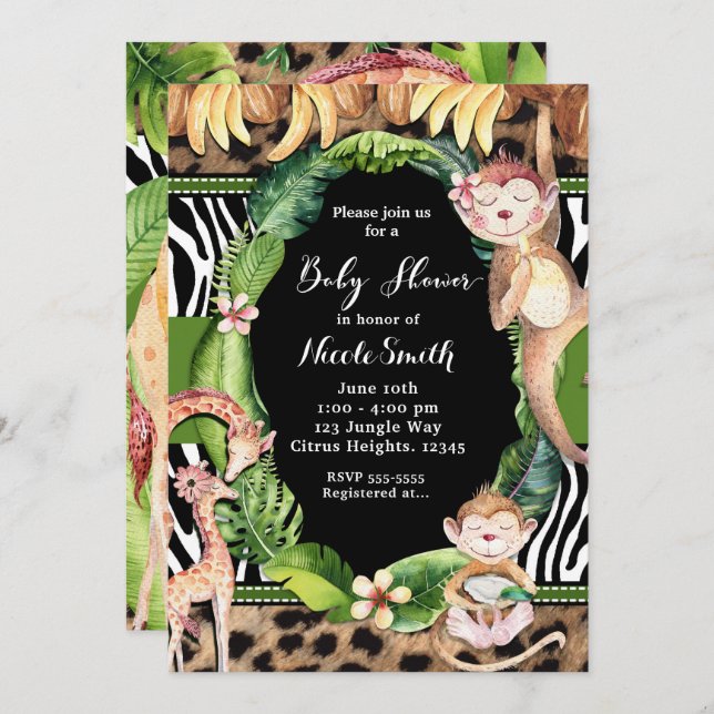 Jungle Monkey & Giraffe Baby Shower Invitations (Devant / Derrière)