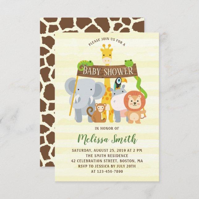 Jungle Safari Animaux Baby shower Invitation (Devant / Derrière)