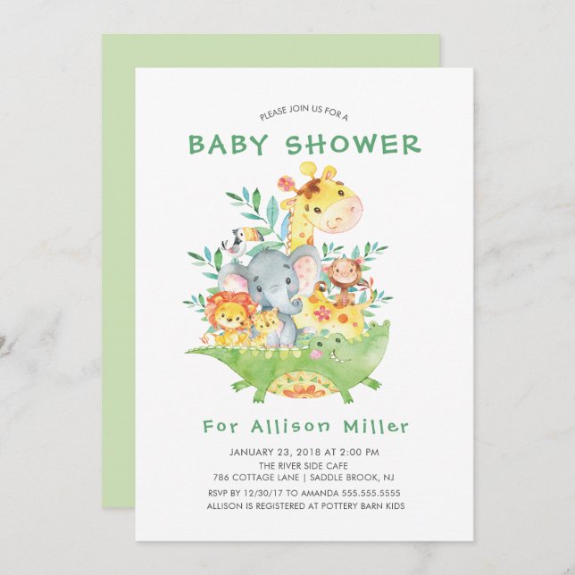 Jungle Safari Animaux Baby Shower Invitations (Devant / Derrière)