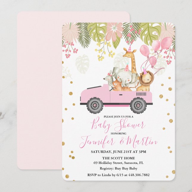 Jungle Safari Baby shower fille Invitation (Devant / Derrière)