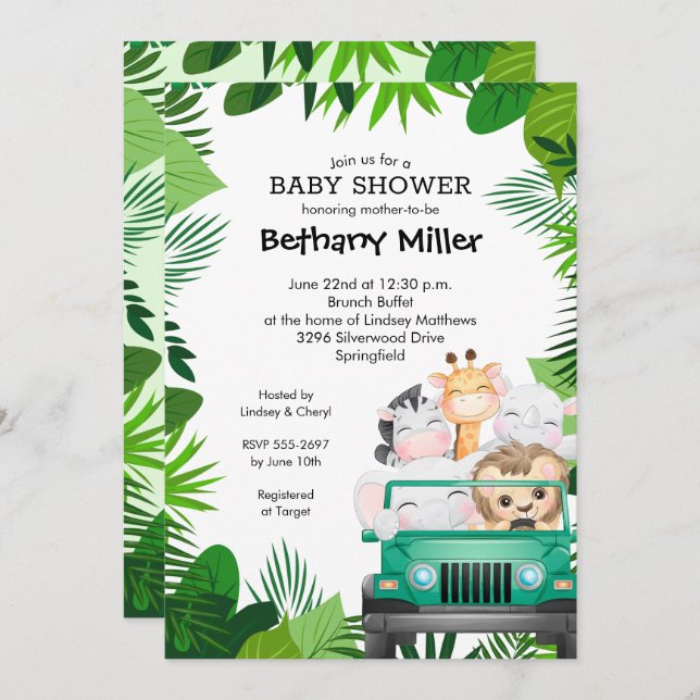 Jungle Safari Baby Shower Invitations (Devant / Derrière)