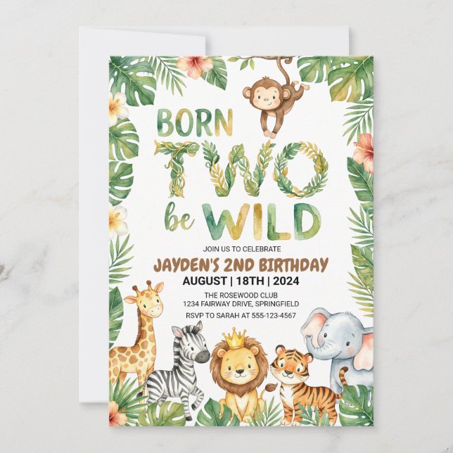 Jungle Safari Born Two Be Wild Birthday Invitation (Devant)