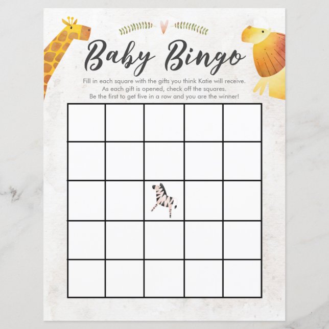 Jungle & Safari Thème Baby Bingo Baby shower Jeu (Devant)