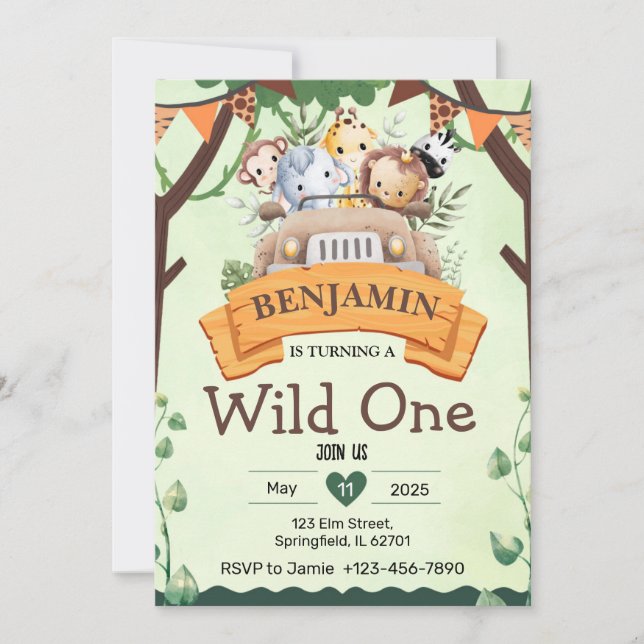 Jungle Safari Wild One Birthday Invitation Card (Devant)