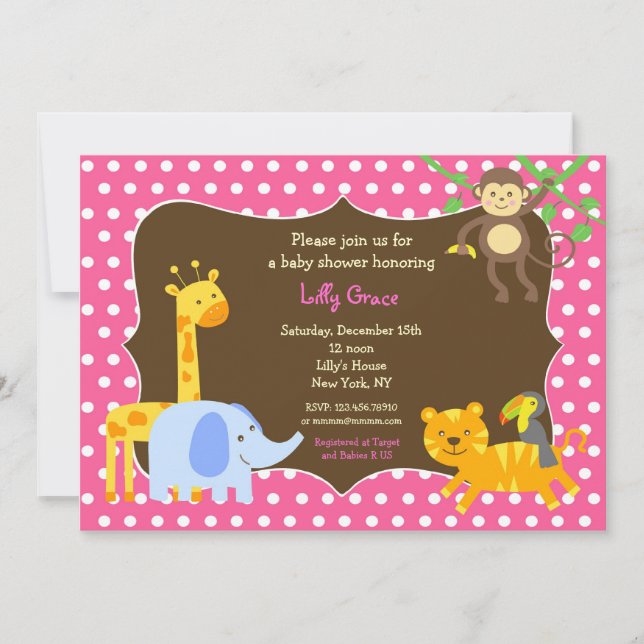 Jungle Safari Zoo bébé douche Invitations fille (Devant)