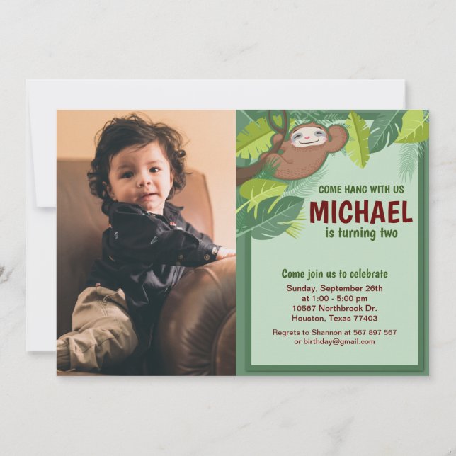 Jungle Sloth Anniversaire Photo Invitation (Devant)