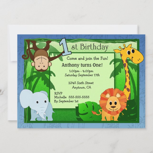 Jungle Thème 1er anniversaire Invitation (Devant)