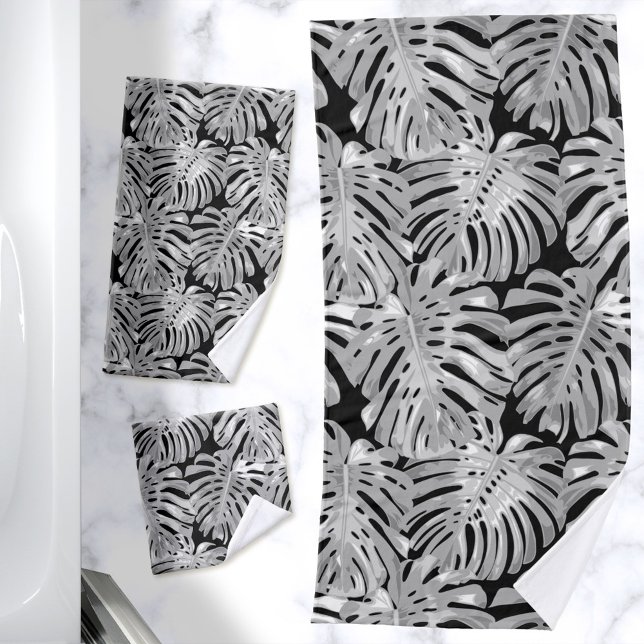 Jungle tropicale Feuilles gris noir moderne (Black and gray bath towels with tropical leaves pattern)
