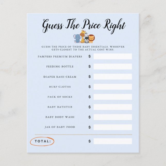 Jungle Wild Un Baby shower Jeu Devinez Le Prix (Devant)