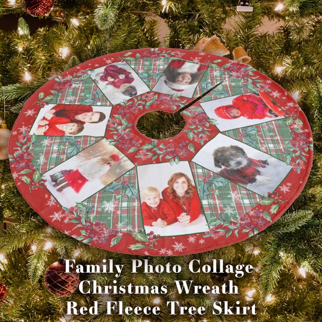 Jupon De Sapin En Molleton Collage de photos familiales Red Wreath de Noël (Family Photo Collage Christmas Wreath Red Fleece Tree Skirt)