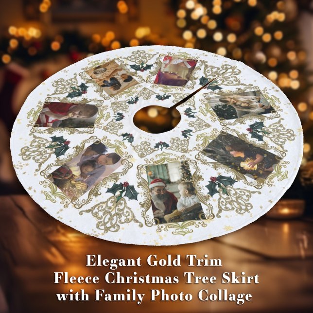 Jupon De Sapin En Molleton Elegant Gold Trim Famille de Noël Photo Collage (Elegant Gold Trim Fleece Christmas Tree Skirt with Family Photo Collage featuring 7 photos)