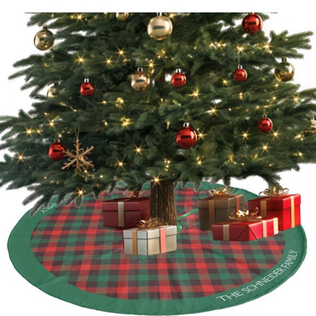 Jupon De Sapin En Molleton Noël Rouge Vert Plaid Personnaliser (Green and red plaid with personalized name)