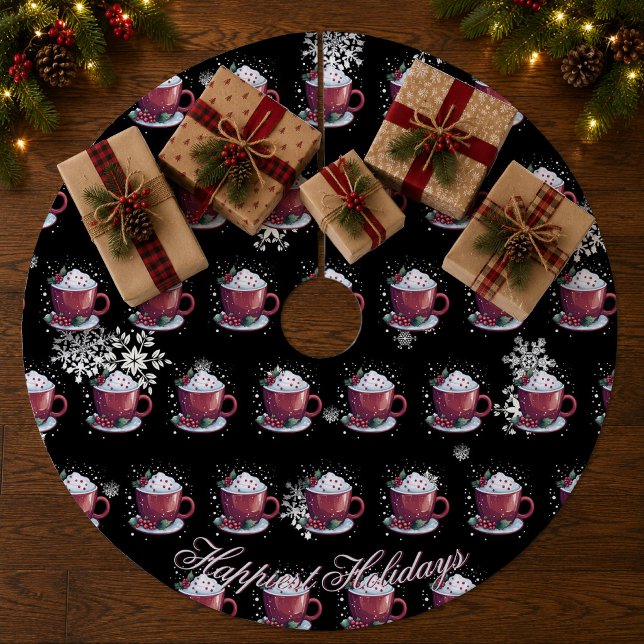 Jupon De Sapin En Molleton Tasse de chocolat chaud de Noël | Noir (Christmas Cup of Hot Chocolate | Black Tree Skirt)
