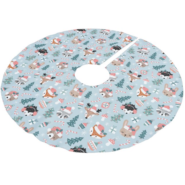 Jupon De Sapin En Polyester Brossé Adorable Bois Noël Animal Visages Motif (Angle)