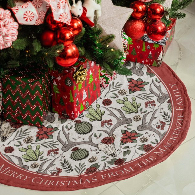 Jupon De Sapin En Polyester Brossé Agritourisme Noël Floral Cerf Antlers (Custom Southwestern Christmas Tree Skirt. Chic Deer Skull, Antlers, Red Roses, Cacti & Poinsettias.)