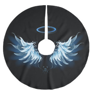 Jupon De Sapin En Polyester Brossé Ailes d'ange lumineuses bleues sur fond noir