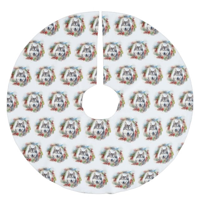 Jupon De Sapin En Polyester Brossé Alaskan Malamute Festive de la couronne de Noël (Devant)