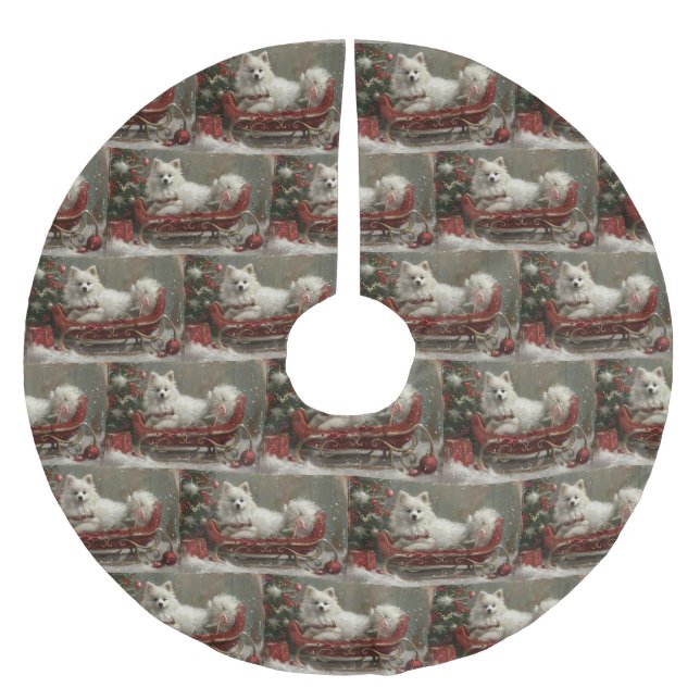 Jupon De Sapin En Polyester Brossé American Eskimo Chien Festif de Noël (Devant)