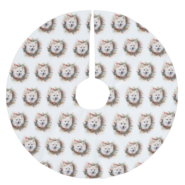 Jupon De Sapin En Polyester Brossé American Eskimo Christmas Wreath Festive Pup (Devant)