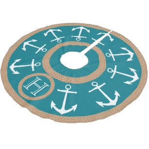 Jupon De Sapin En Polyester Brossé Ancres blanches et monogramme nautique turquoise