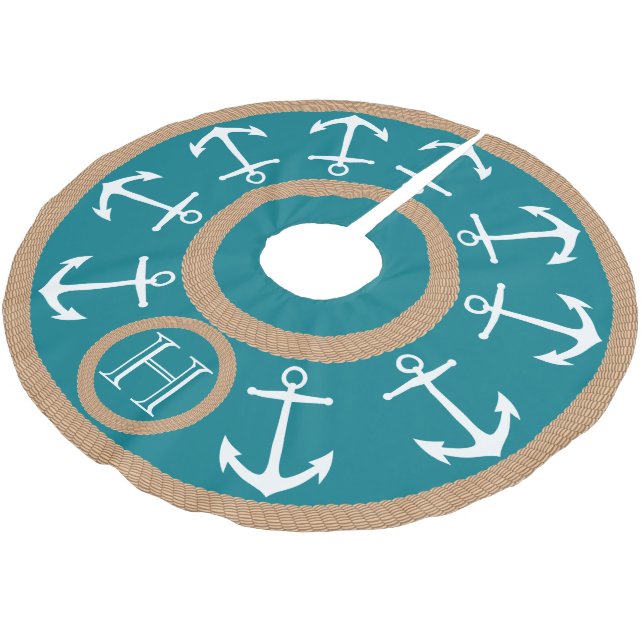 Jupon De Sapin En Polyester Brossé Ancres blanches et monogramme nautique turquoise (Angle)