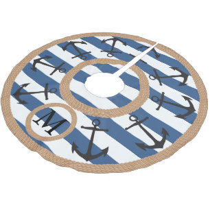 Jupon De Sapin En Polyester Brossé Ancres nautiques noires et monogramme rayé de