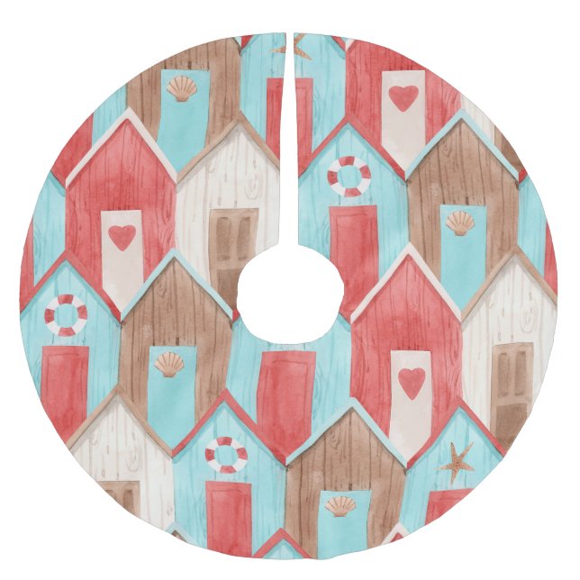 Jupon De Sapin En Polyester Brossé Aquarelle de la maison de plage : motif rétro. (Devant)