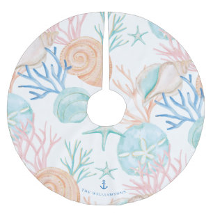 Jupon De Sapin En Polyester Brossé Aquarelle de Noël côtier Motif de coquillage