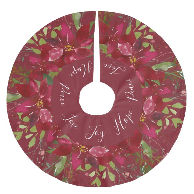 Jupon De Sapin En Polyester Brossé Aquarelle de Poinsettia Floral Bourgogne (Devant)