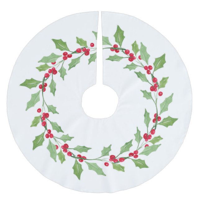 Jupon De Sapin En Polyester Brossé Aquarelle Holly Wreath (Devant)