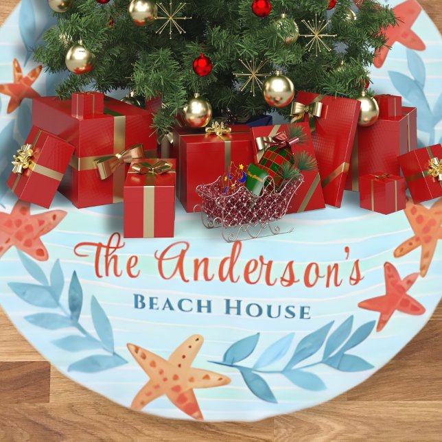 Jupon De Sapin En Polyester Brossé Aquarelle Ocean Wave Star Poisson Noël côtier (Créateur téléchargé)