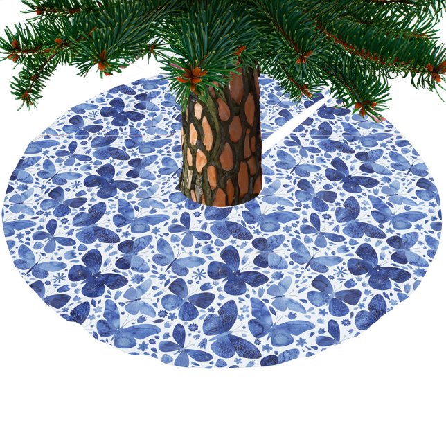 Jupon De Sapin En Polyester Brossé Aquarelle papillon bleu (Blue and white watercolor butterfly Christmas tree skirt)