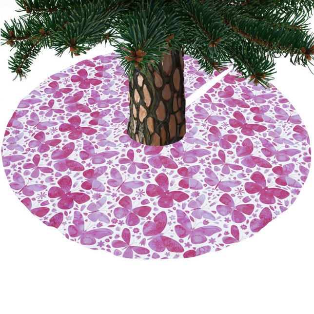 Jupon De Sapin En Polyester Brossé Aquarelle papillon rose (Hot magenta pink and white watercolor butterfly art Christmas tree skirt)