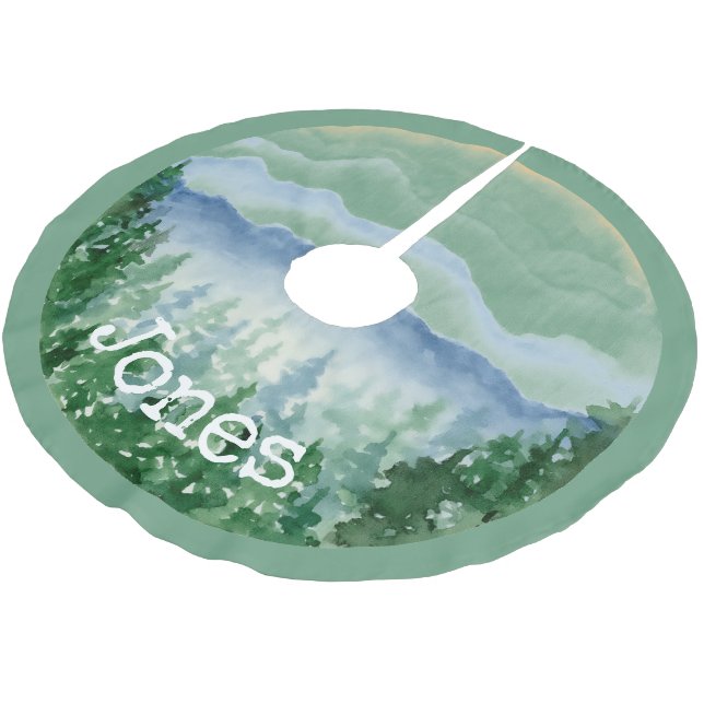 Jupon De Sapin En Polyester Brossé Aquarelle Pines de Noël Nom du monogramme (Angle)