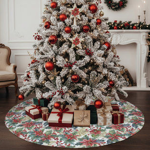 Jupon De Sapin En Polyester Brossé Aquarelle poinsettia et saint motif Noël